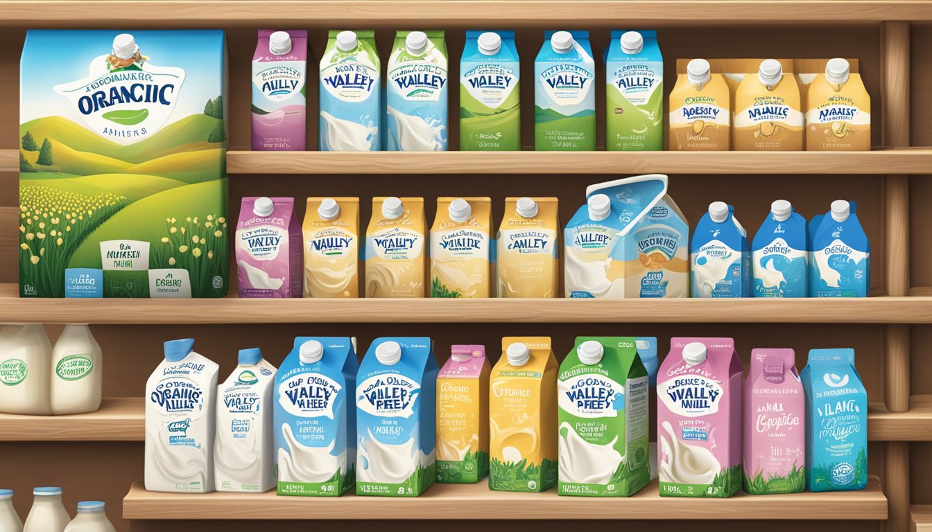 A carton of Organic Valley Lactose-Free Milk sits on a wooden shelf next to a variety of non-dairy milk options. The carton is unopened and surrounded by a clean and organized display