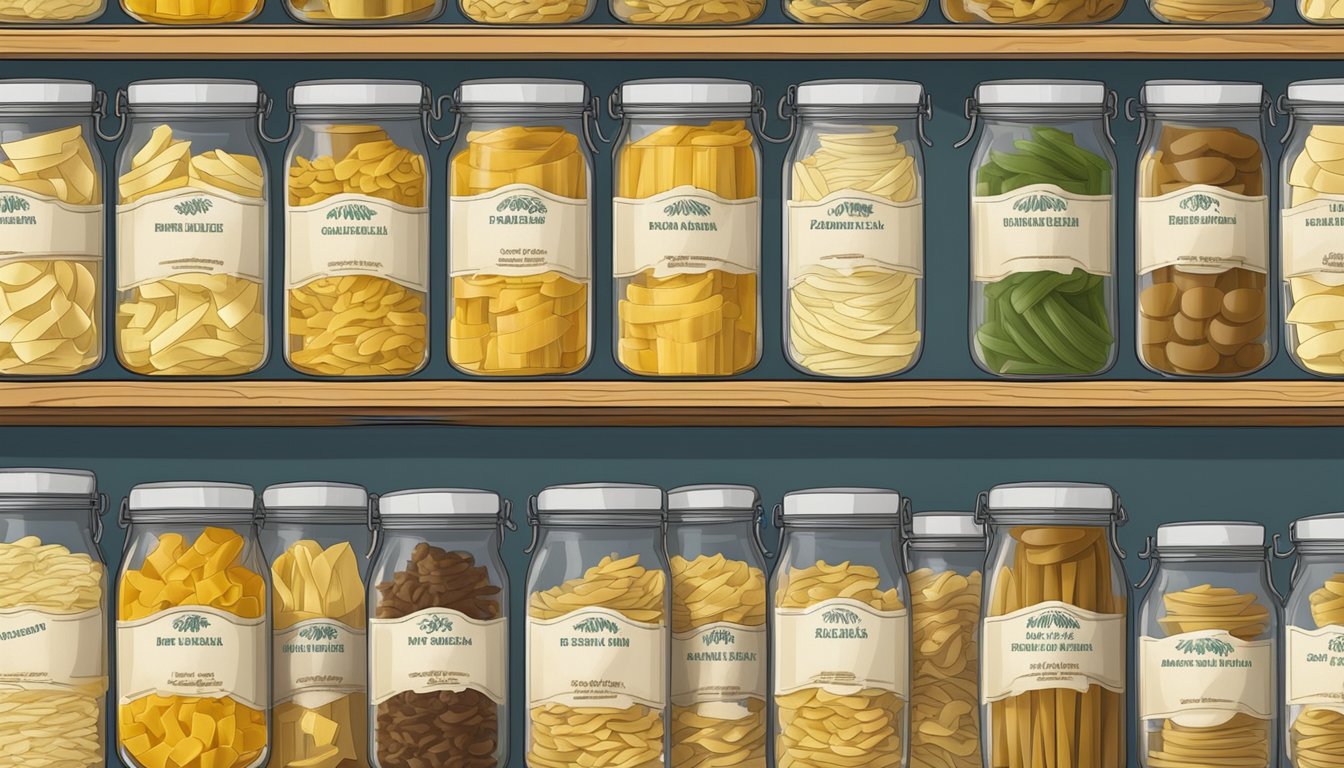 A pantry shelf with neatly organized jars of pappardelle pasta, labeled with expiration dates