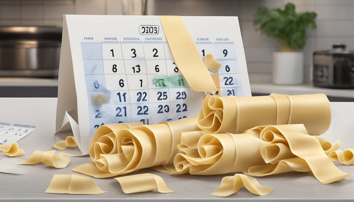 A package of pappardelle pasta sits on a kitchen counter, with a calendar in the background showing the current date and a few days crossed off. A faint mold is beginning to form on the edges of the pasta