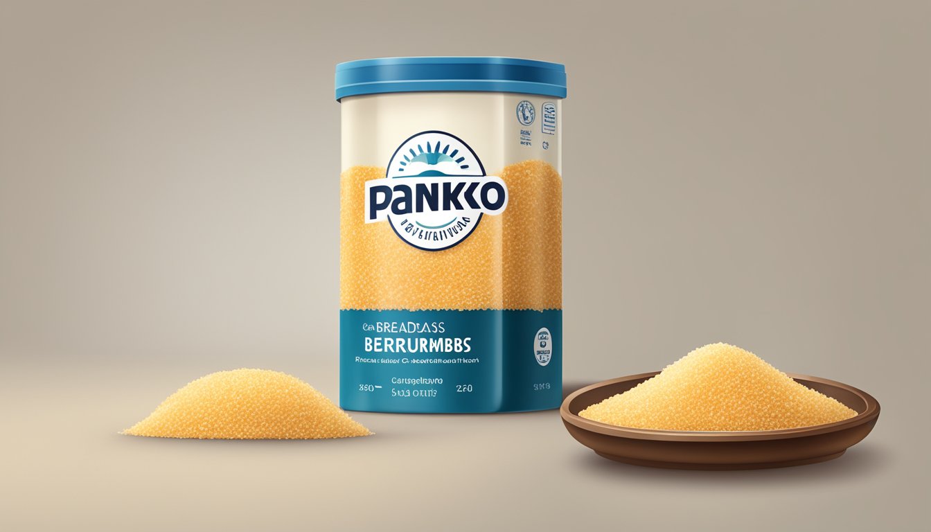 A sealed container of panko breadcrumbs on a shelf, with a visible expiration date