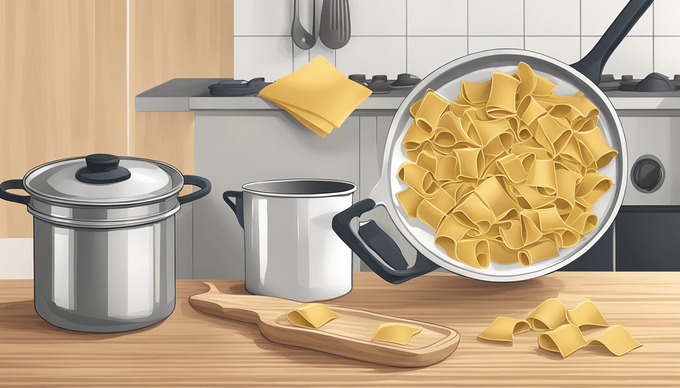 A package of pappardelle pasta sits on a kitchen counter, next to a pot of boiling water and a wooden spoon