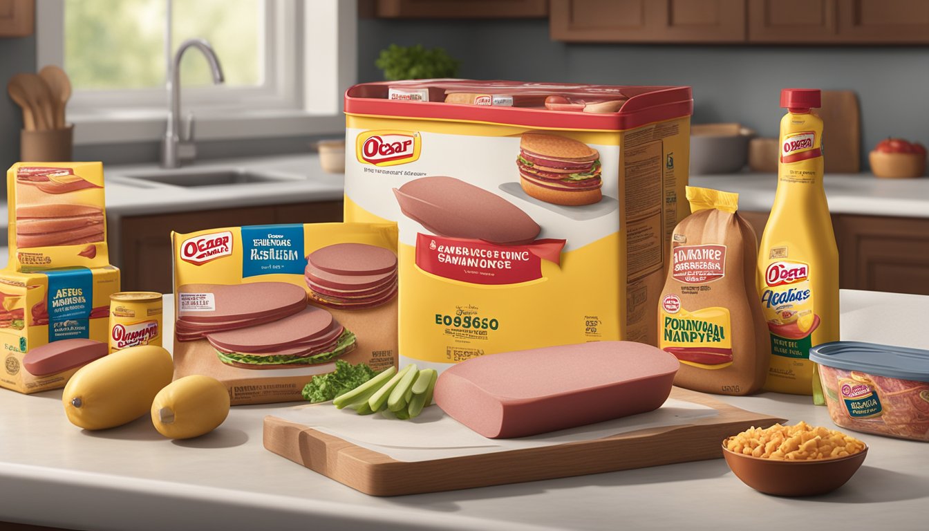 A package of Oscar Mayer Bologna sits unopened on a kitchen counter, surrounded by other groceries and utensils