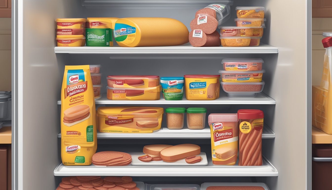 A package of Oscar Mayer Bologna sits on a clean, organized refrigerator shelf, surrounded by other food items