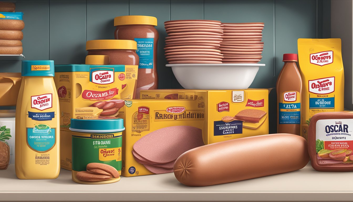 A package of Oscar Mayer Bologna sits on a kitchen shelf, surrounded by other food items. The expiration date is clearly visible on the packaging