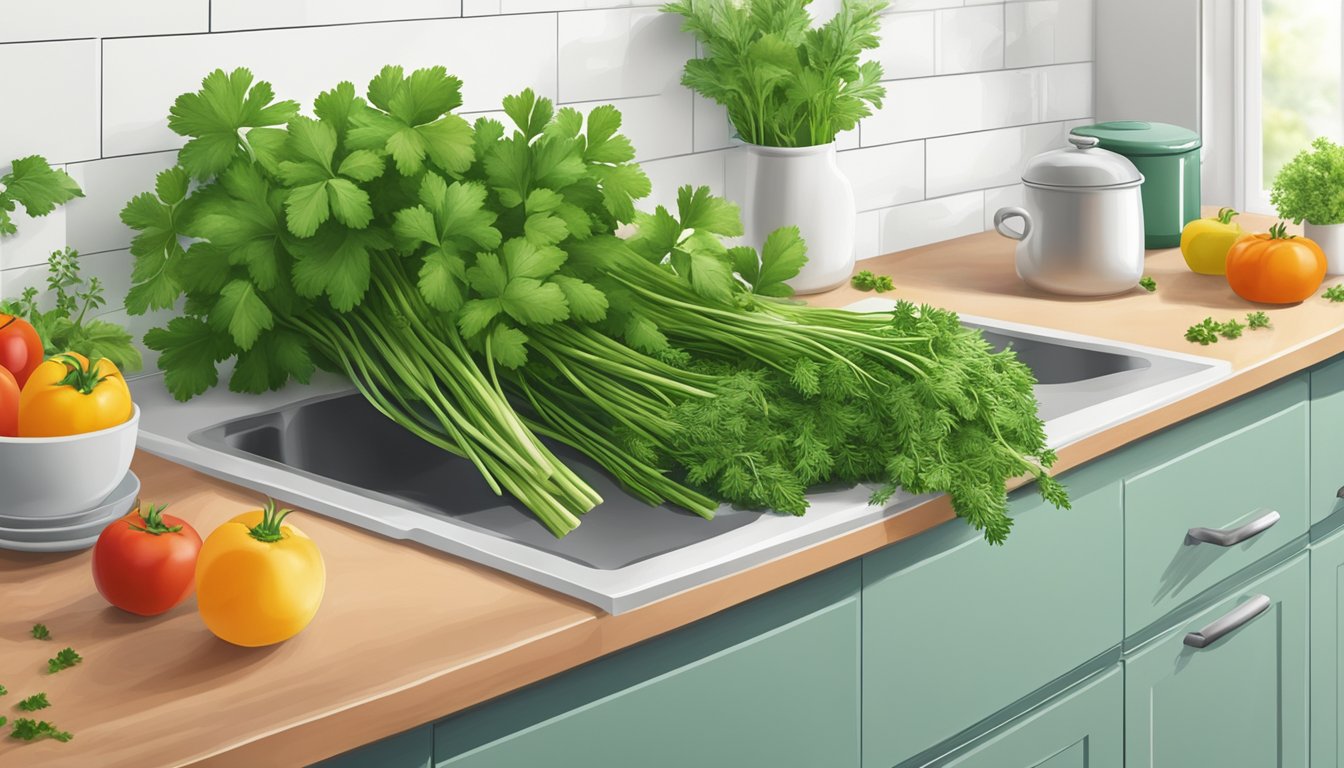 A fresh bunch of parsley sits on a clean, white kitchen counter, surrounded by other colorful herbs and vegetables