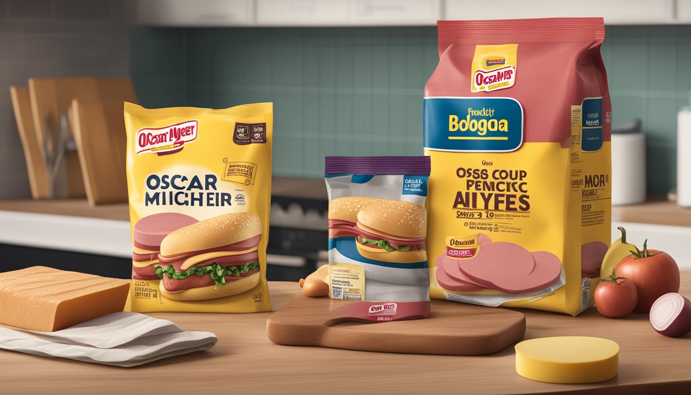 A package of Oscar Mayer Bologna sits unopened on a kitchen counter, surrounded by other groceries