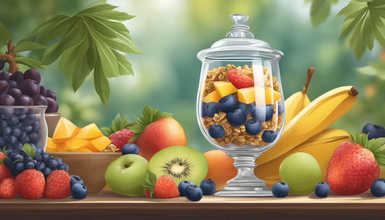 A parfait sits on a table, surrounded by fresh fruit and granola. A clock on the wall shows the passage of time