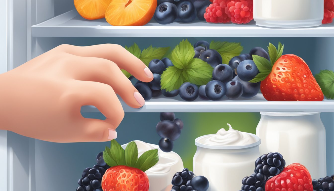 A hand reaching for fresh berries and yogurt in the fridge