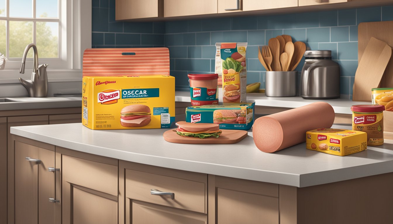 A package of Oscar Mayer Bologna sits unopened on a kitchen counter, surrounded by other groceries and a calendar on the wall