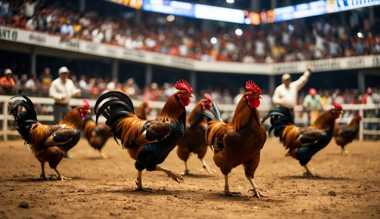 Arena sabung ayam online yang ramai dengan penonton yang bersorak dan ayam jantan dalam pertarungan sengit