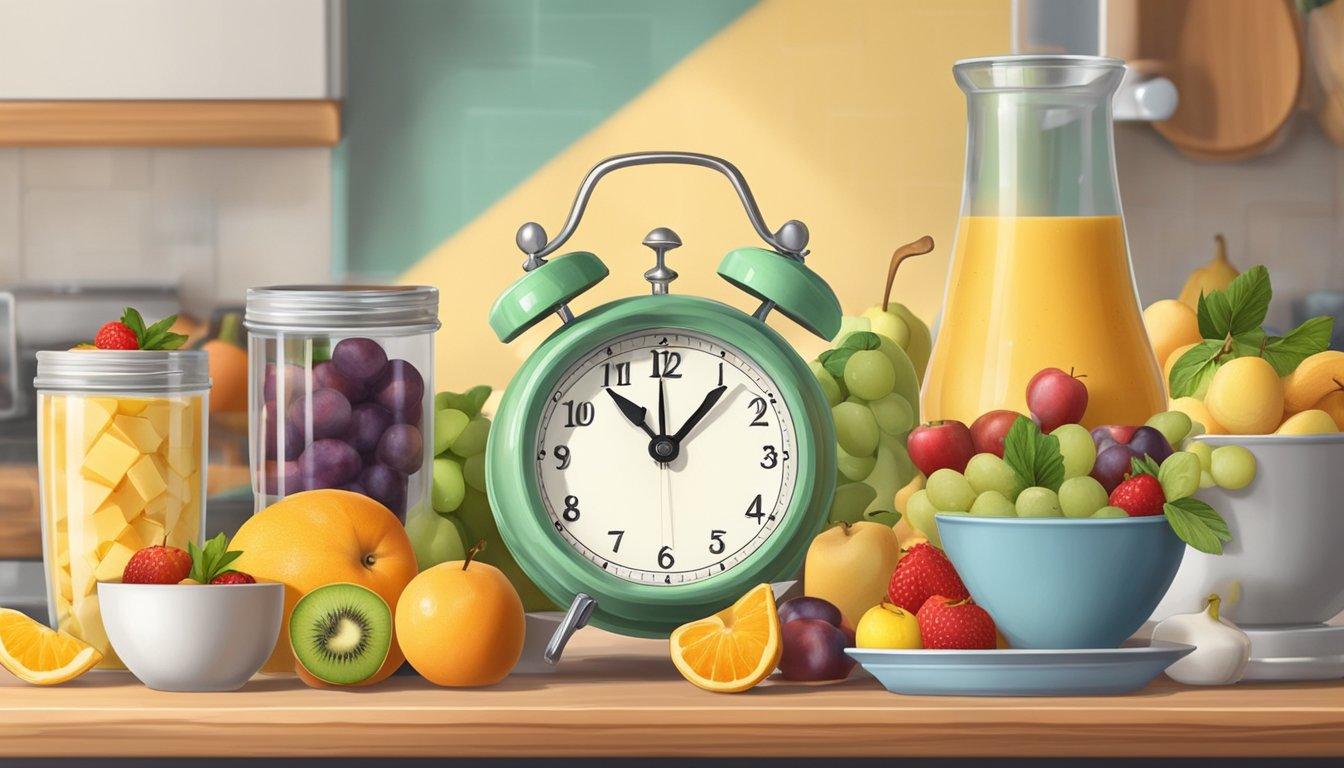 A parfait sits on a kitchen counter, surrounded by various fruits and dairy products. The clock on the wall indicates the passage of time