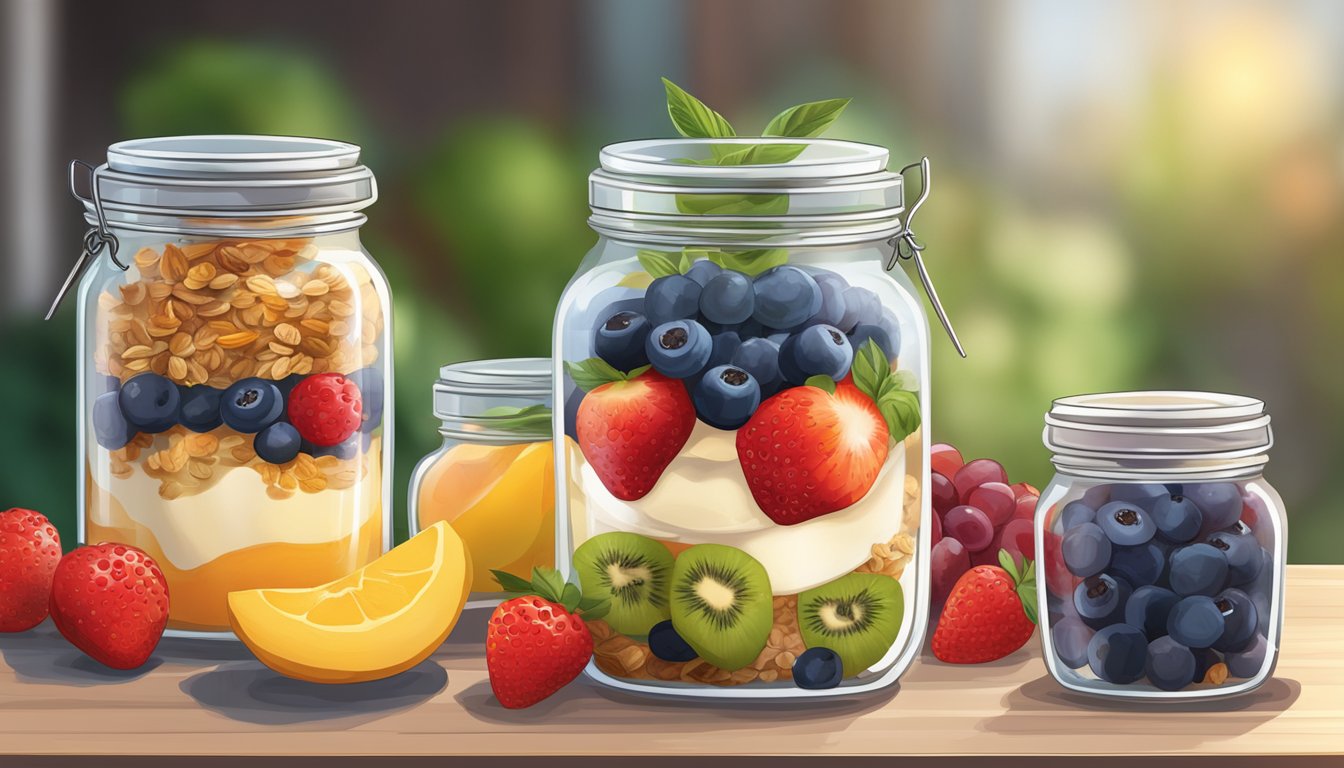 A parfait sits in a sealed glass jar on a shelf, surrounded by fresh fruits and granola