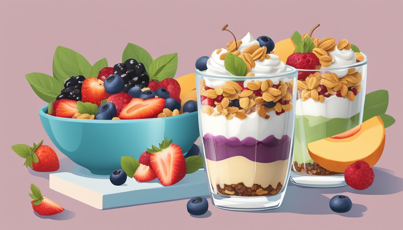 A parfait sits on a kitchen counter, surrounded by fresh fruit and granola. The layers of yogurt, berries, and crunchy toppings are perfectly displayed in a clear glass