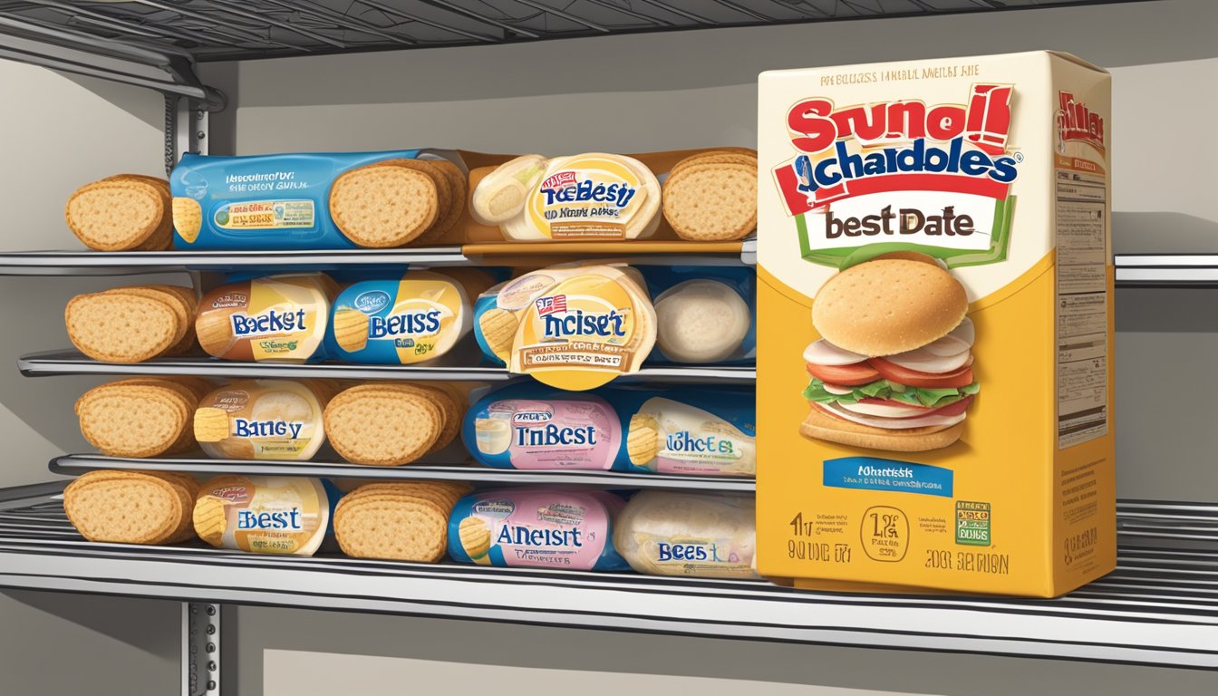 A Lunchables Turkey and American Cracker Stacker sits on a shelf with a "best by" date visible