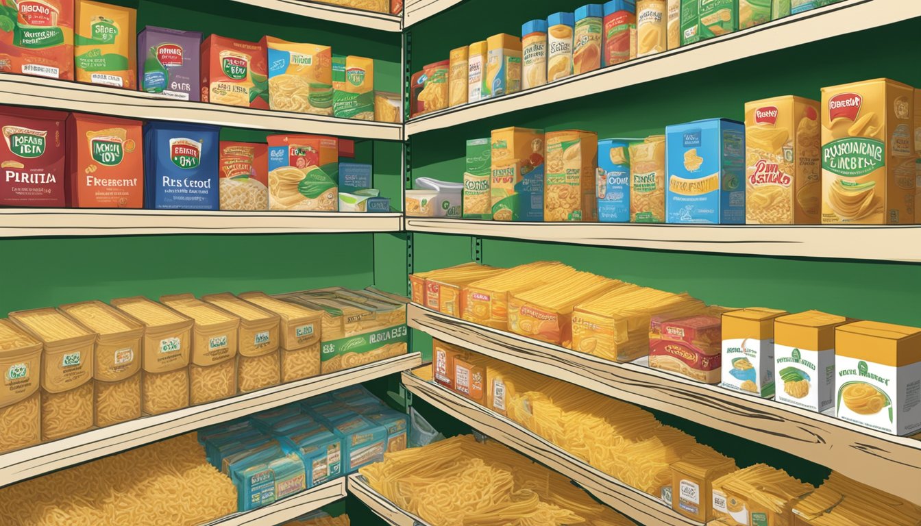 A box of Pasta Roni sits unopened on a pantry shelf, surrounded by other dry goods. The expiration date is visible on the packaging