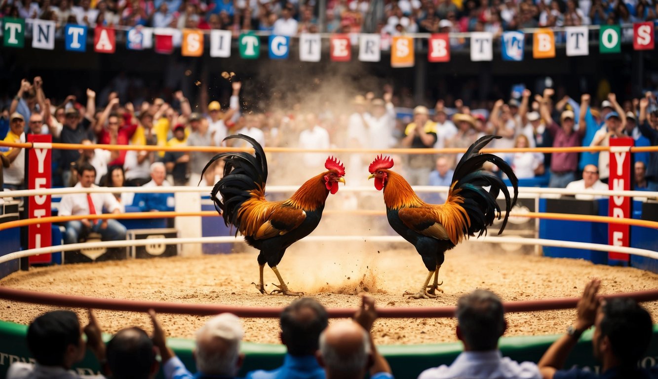 Sebuah arena yang ramai dengan penonton yang bersorak, dua ayam jantan berhadapan dalam pertarungan sengit, dikelilingi oleh spanduk berwarna-warni dan deretan kios taruhan