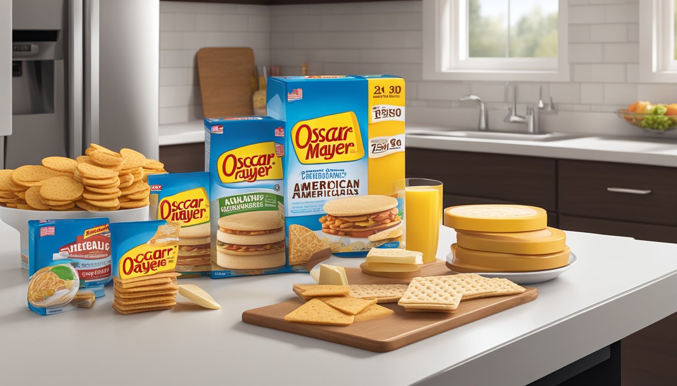 A colorful package of Oscar Mayer Lunchables Turkey and American Cracker Stackers sits on a kitchen countertop, surrounded by other snacks and a calendar showing the current date