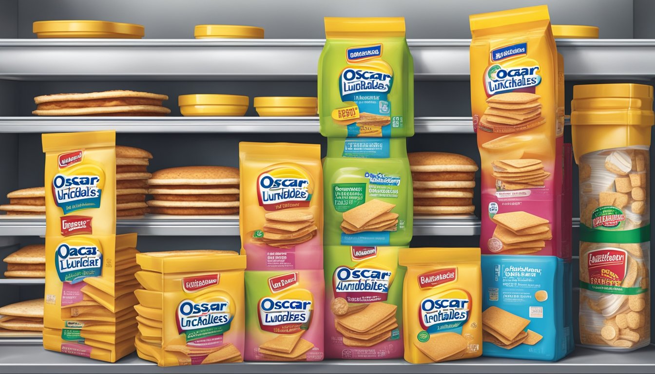 A colorful package of Oscar Mayer Lunchables Turkey and American Cracker Stackers sits on a clean, organized shelf in a refrigerator