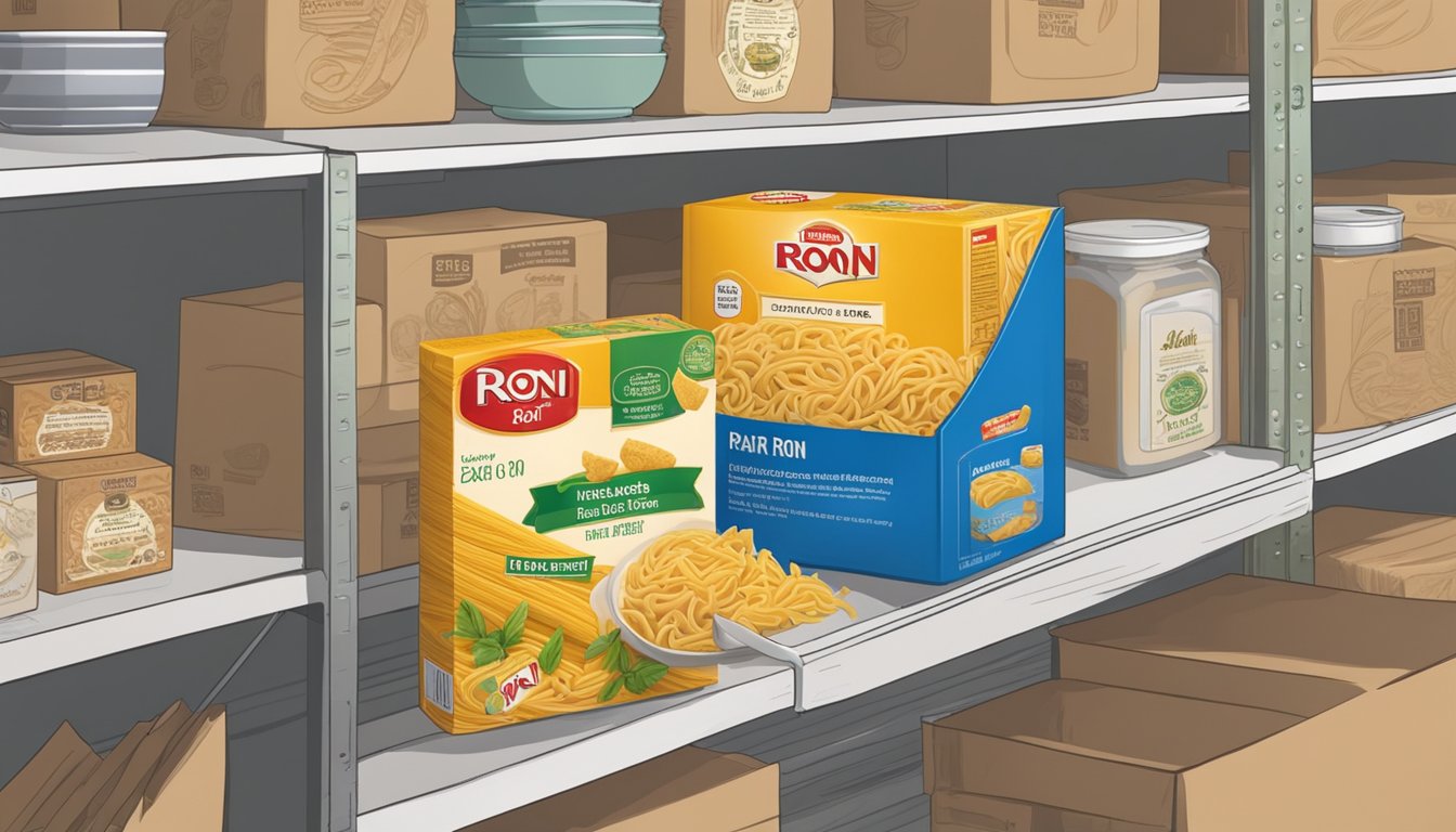 A box of Pasta Roni sits on a kitchen shelf, surrounded by other pantry items. The expiration date is visible on the packaging