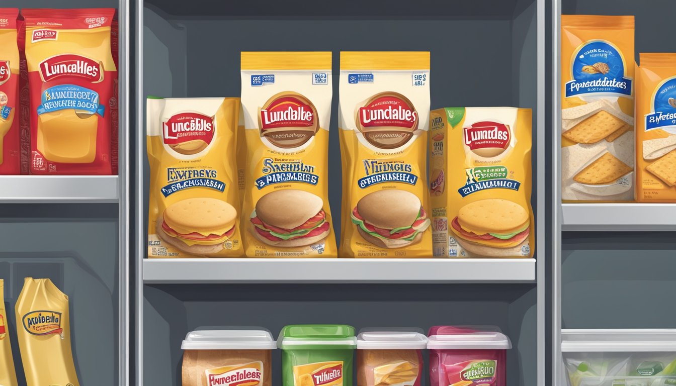 A Lunchables Turkey and American Cracker Stacker sits on a shelf next to other packaged foods, with a visible expiration date