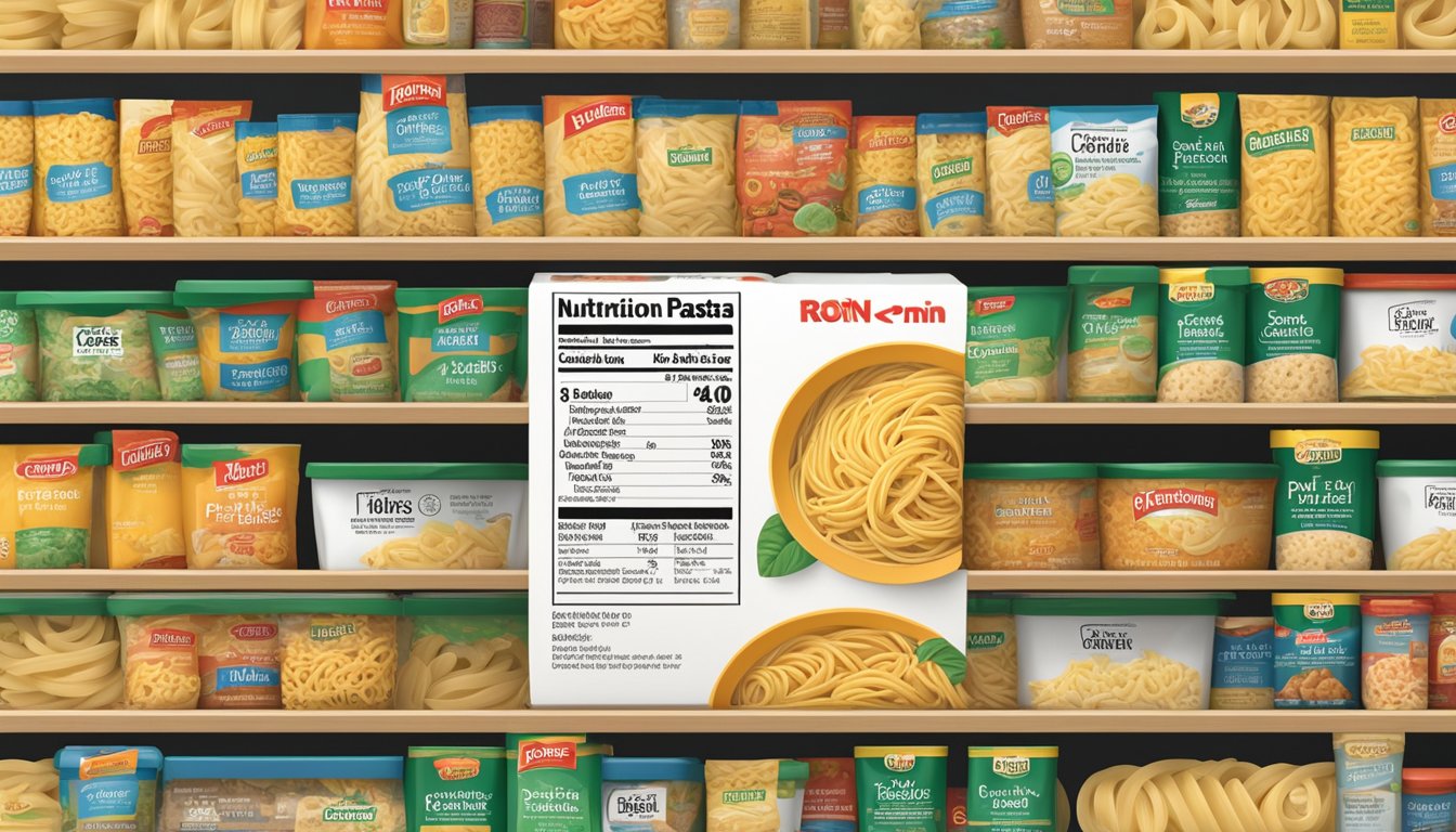 A box of Pasta Roni sits on a pantry shelf with a clear expiration date and a list of ingredients and nutritional information on the back