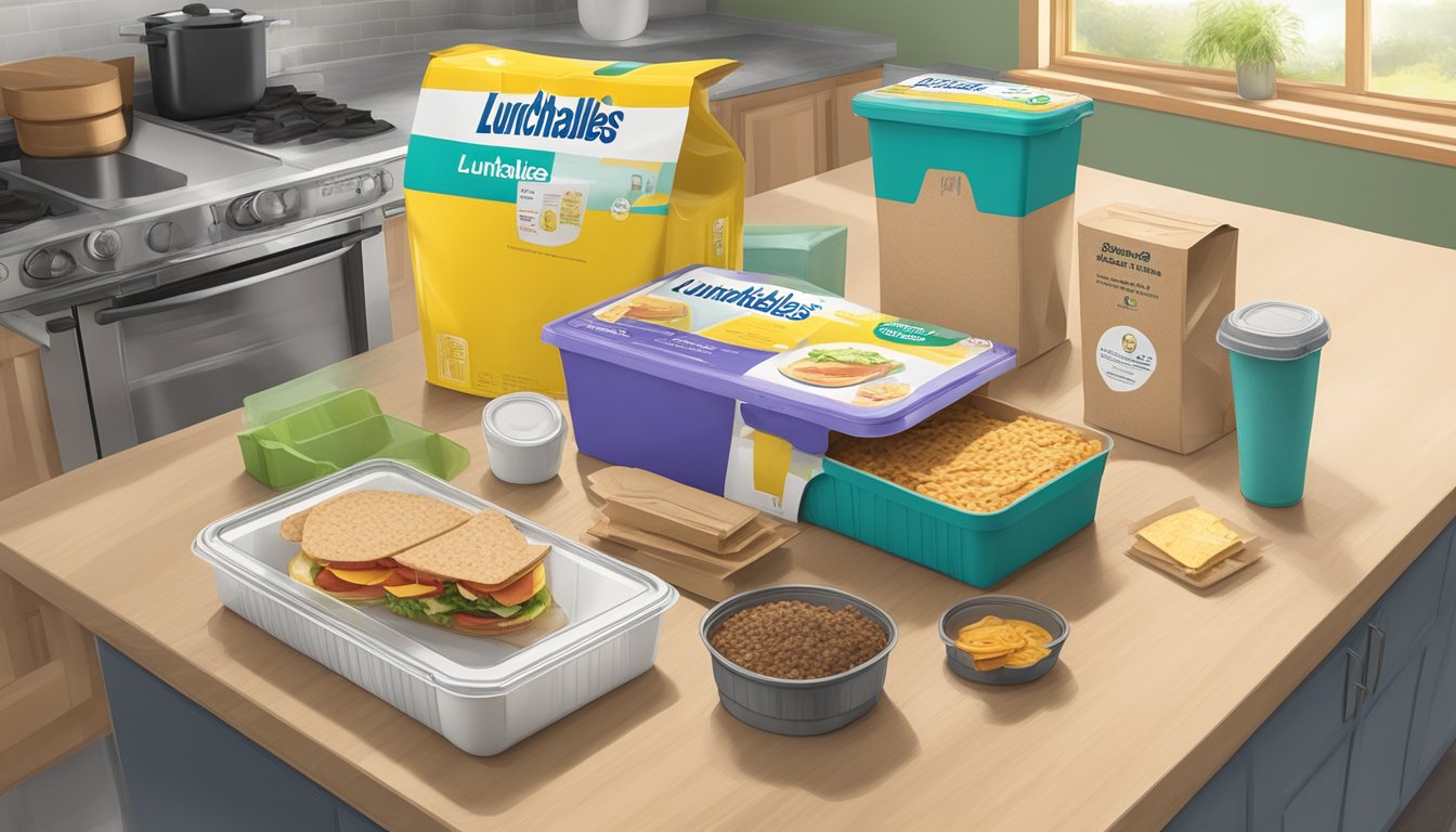 A Lunchables package sits on a kitchen counter, surrounded by recyclable materials and a compost bin