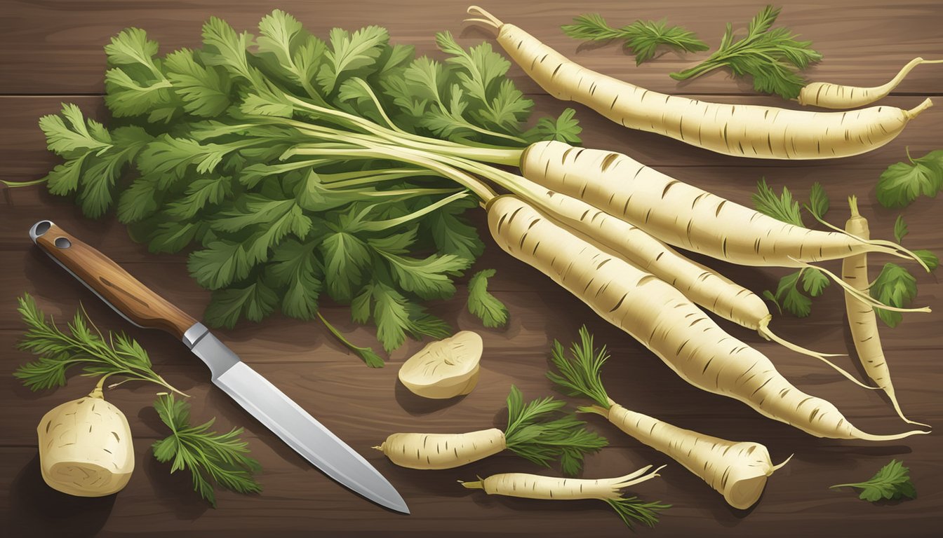 A bundle of parsnips sits on a wooden cutting board, surrounded by scattered herbs and a kitchen knife. The parsnips are fresh and vibrant, with their long, slender shapes and creamy white skin