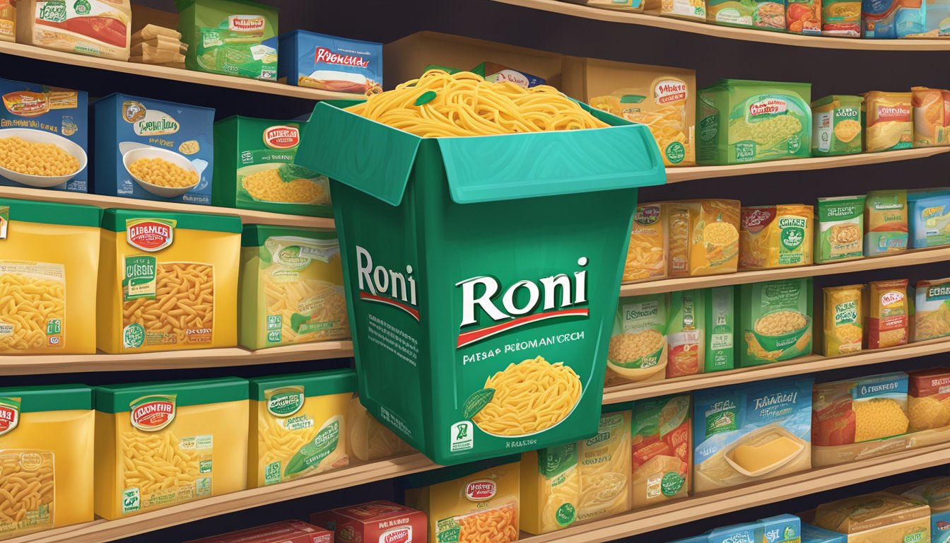 A box of Pasta Roni sits unopened on a pantry shelf, surrounded by other dry goods. The expiration date is visible on the packaging