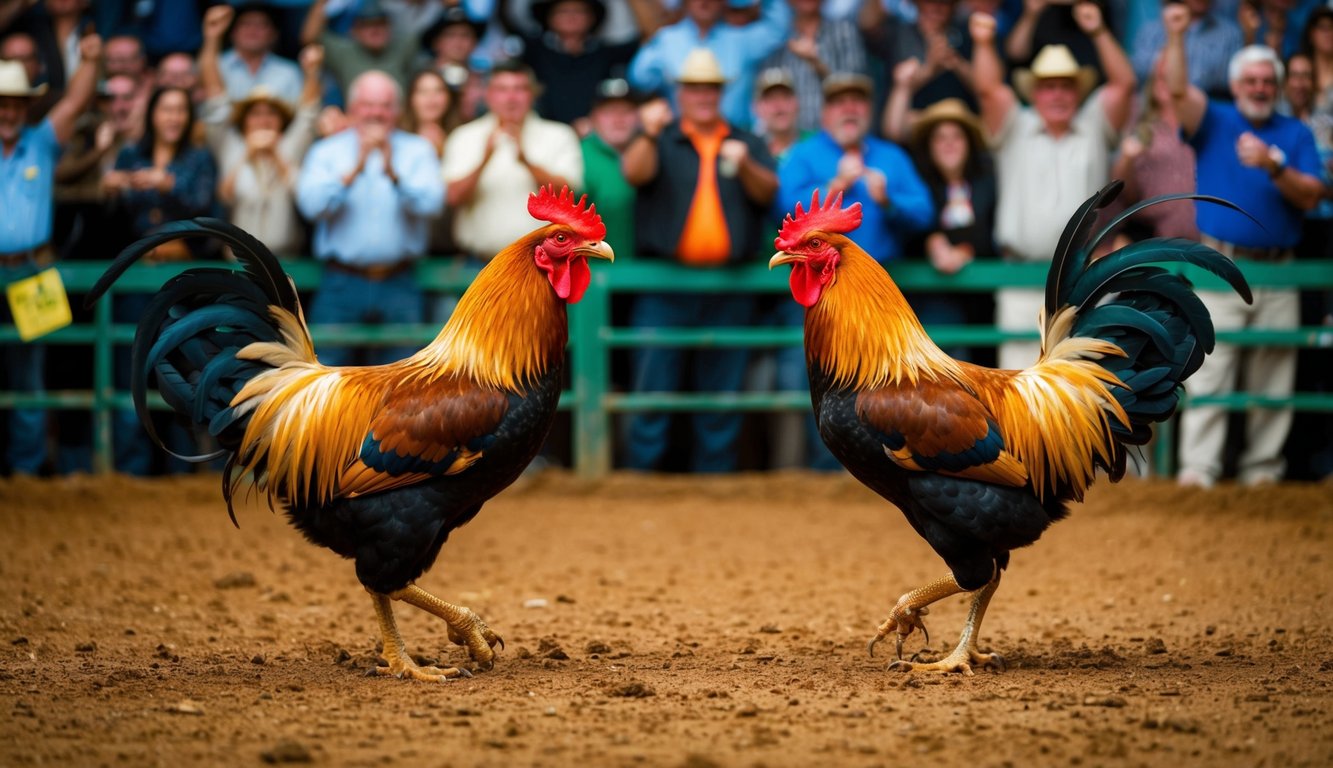 Dua ayam jantan saling berhadapan di arena yang ramai dengan lantai tanah, dikelilingi oleh penonton yang antusias bersorak dan memasang taruhan