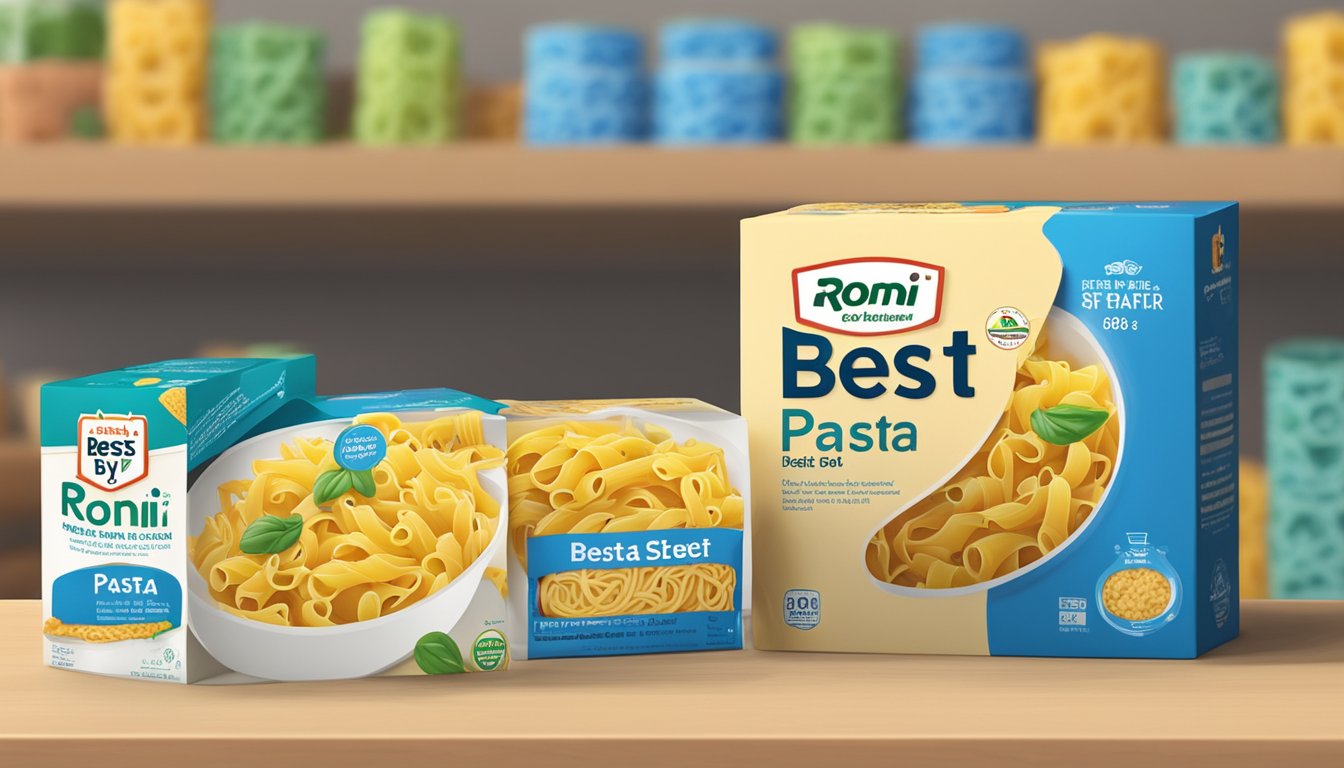 A box of Pasta Roni sits on a shelf with a "Best By" date printed on the packaging. A pot of boiling water and a timer are visible in the background