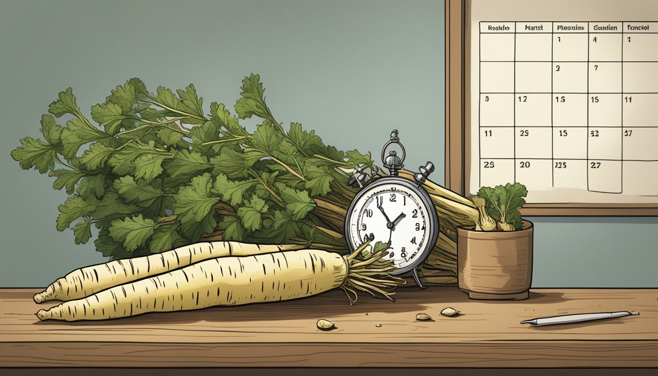 A bundle of parsnips with varying stages of decay, from fresh to rotting, sits on a kitchen counter next to a calendar and a clock