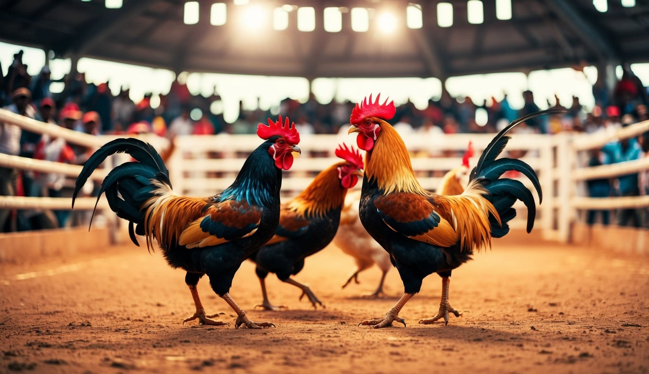 Sebuah arena sabung ayam yang meriah dengan penonton yang bersorak dan ayam jantan berwarna-warni di tengah pertarungan yang sengit