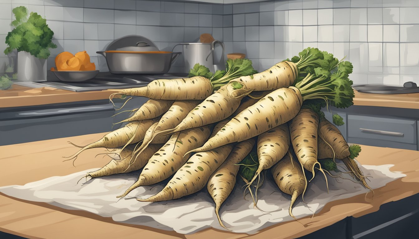 A pile of rotting parsnips, covered in mold and emitting a foul odor, sitting on a kitchen counter