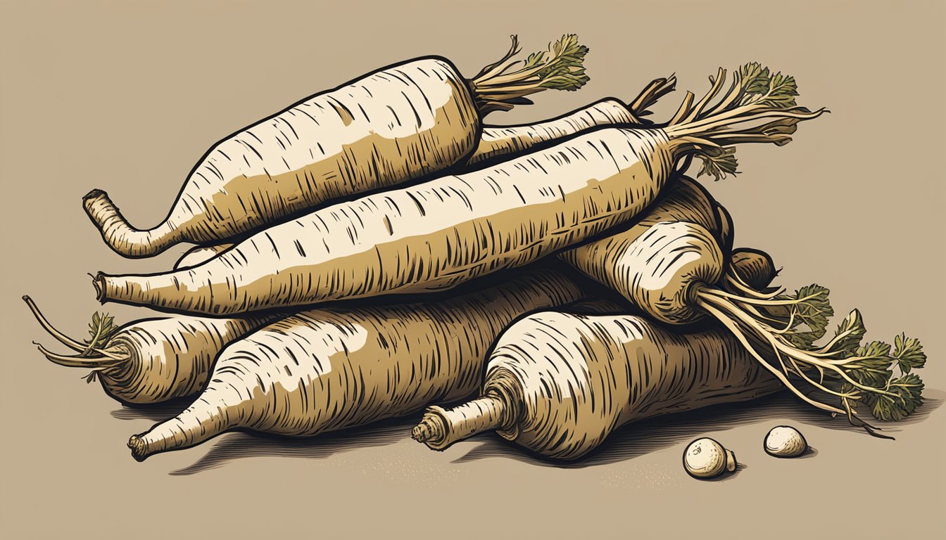 A pile of parsnips with varying degrees of decay, from fresh to spoiled, sitting on a kitchen counter