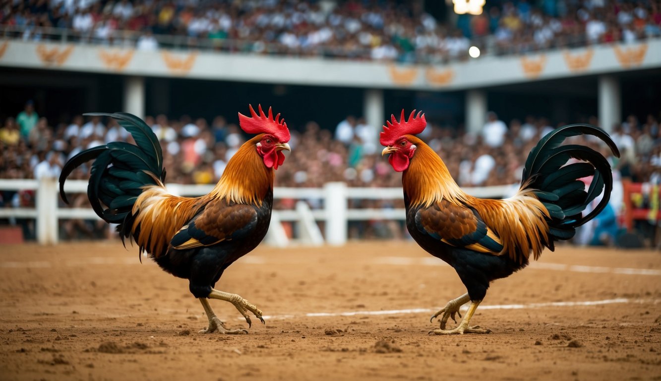 Sebuah arena yang ramai dengan dua ayam jantan yang berhadapan dalam pertandingan sabung ayam tradisional Indonesia