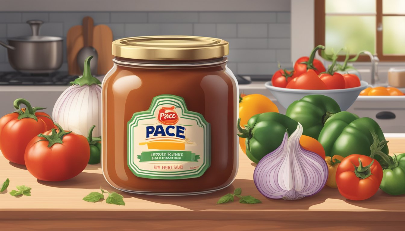 A jar of Pace Picante Sauce sits open on a kitchen counter, surrounded by colorful ingredients like tomatoes, onions, and peppers