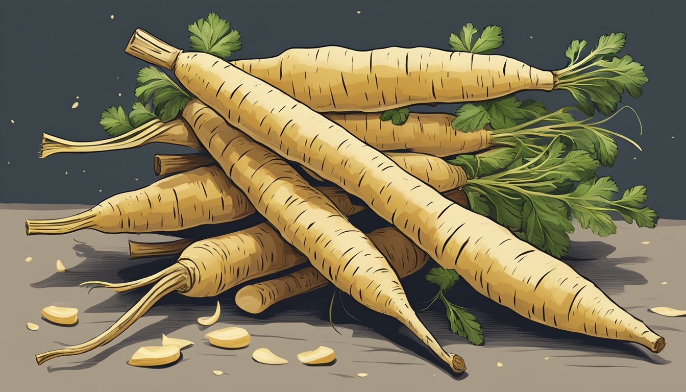 A pile of parsnips with varying degrees of freshness, some starting to wilt and others still firm and crisp