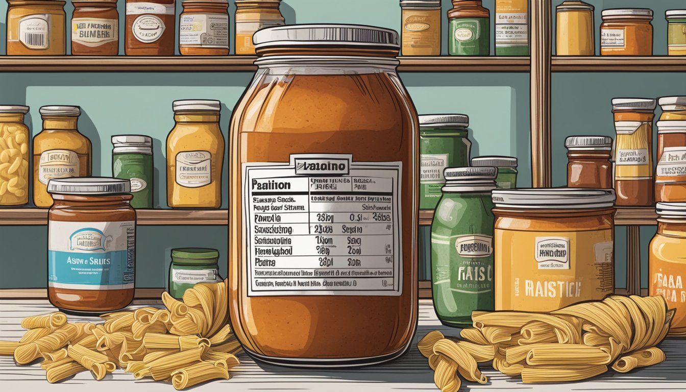 A jar of pasta sauce sits on a shelf, surrounded by various other pantry items. The label indicates the expiration date, and the sauce appears untouched