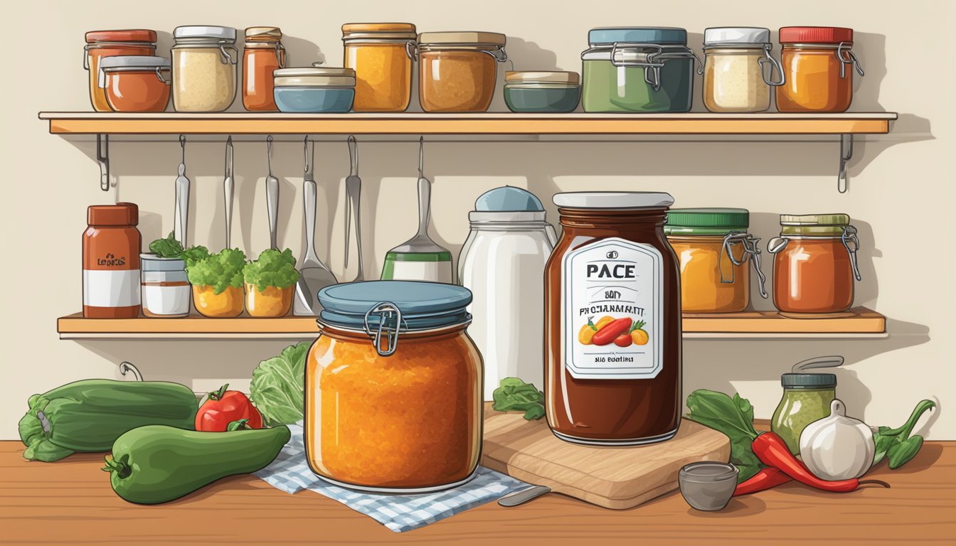 A jar of Pace Picante Sauce sits unopened on a kitchen shelf, surrounded by various cooking ingredients and utensils