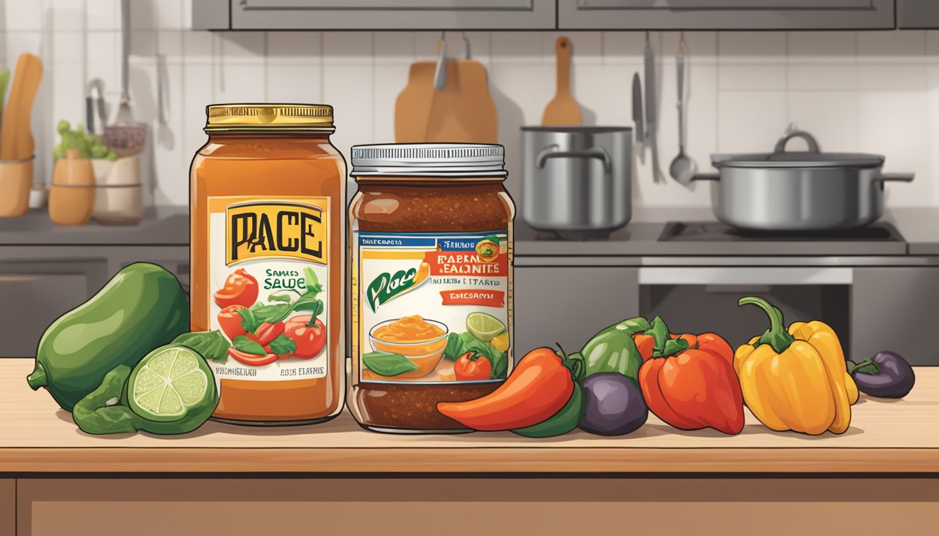 A jar of Pace Picante Sauce sits on a kitchen counter, surrounded by various alternative salsa options. The jar's label indicates the expiration date