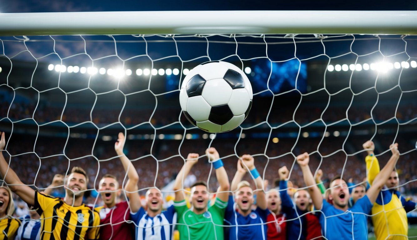 Sebuah bola sepak terbang ke dalam gawang, dikelilingi oleh penggemar yang bersorak di stadion