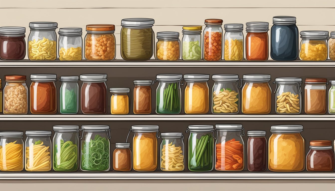 A pantry shelf with various pasta sauce jars, some opened and partially used, others unopened and neatly lined up