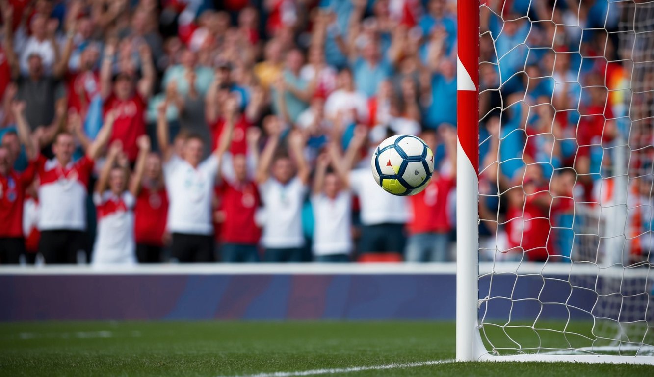 Sebuah bola sepak terbang ke dalam jaring dengan penggemar yang bersorak di latar belakang