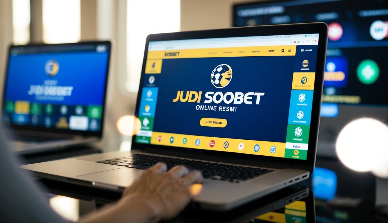 Sebuah layar komputer menampilkan situs web dengan logo "Judi sbobet online Resmi" dikelilingi oleh berbagai ikon olahraga dan opsi taruhan