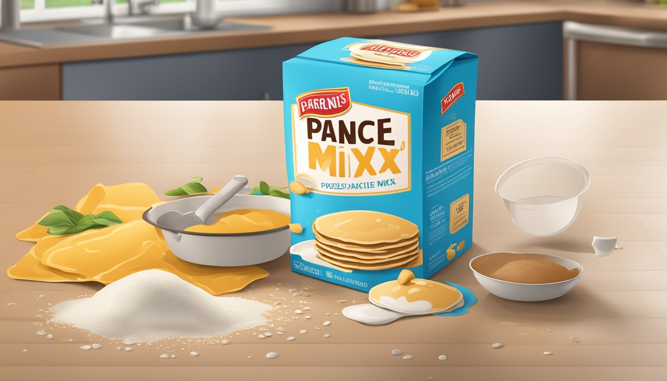 An open, expired pancake mix box surrounded by spilled mix on a kitchen counter