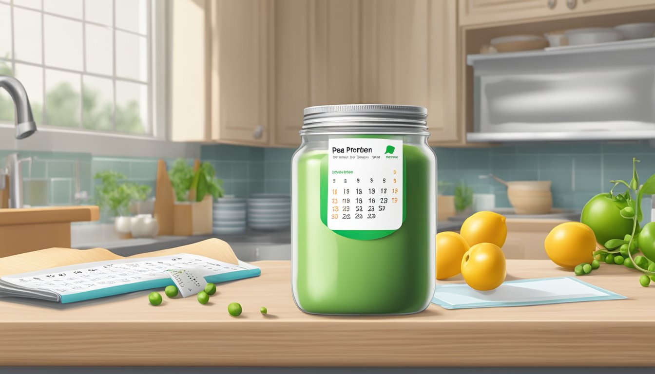 A jar of pea protein powder sits on a kitchen counter with a calendar showing the current date, indicating the passage of time