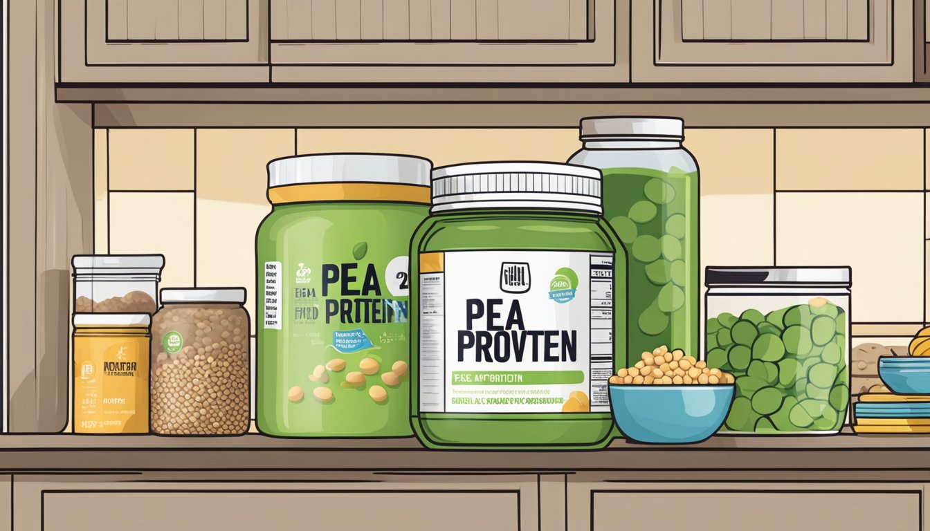 A jar of pea protein powder sits on a kitchen shelf, surrounded by various other health food products. The label on the jar indicates the expiration date