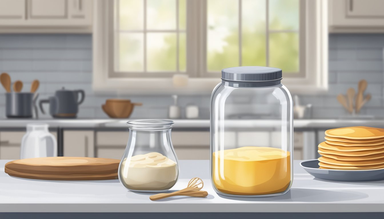 A glass jar filled with homemade pancake mix, sealed with a lid, placed on a kitchen counter next to a measuring cup and a whisk