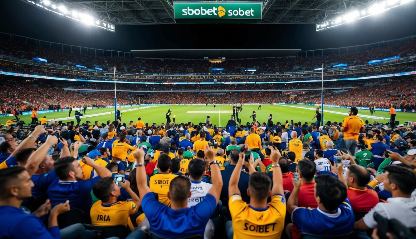 Sebuah stadion olahraga yang ramai dengan para penggemar bersorak dan memasang taruhan di acara taruhan langsung Sbobet