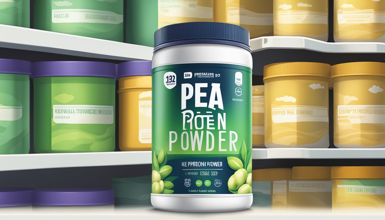 A sealed container of pea protein powder on a shelf, away from direct sunlight and heat, with a label indicating the expiration date